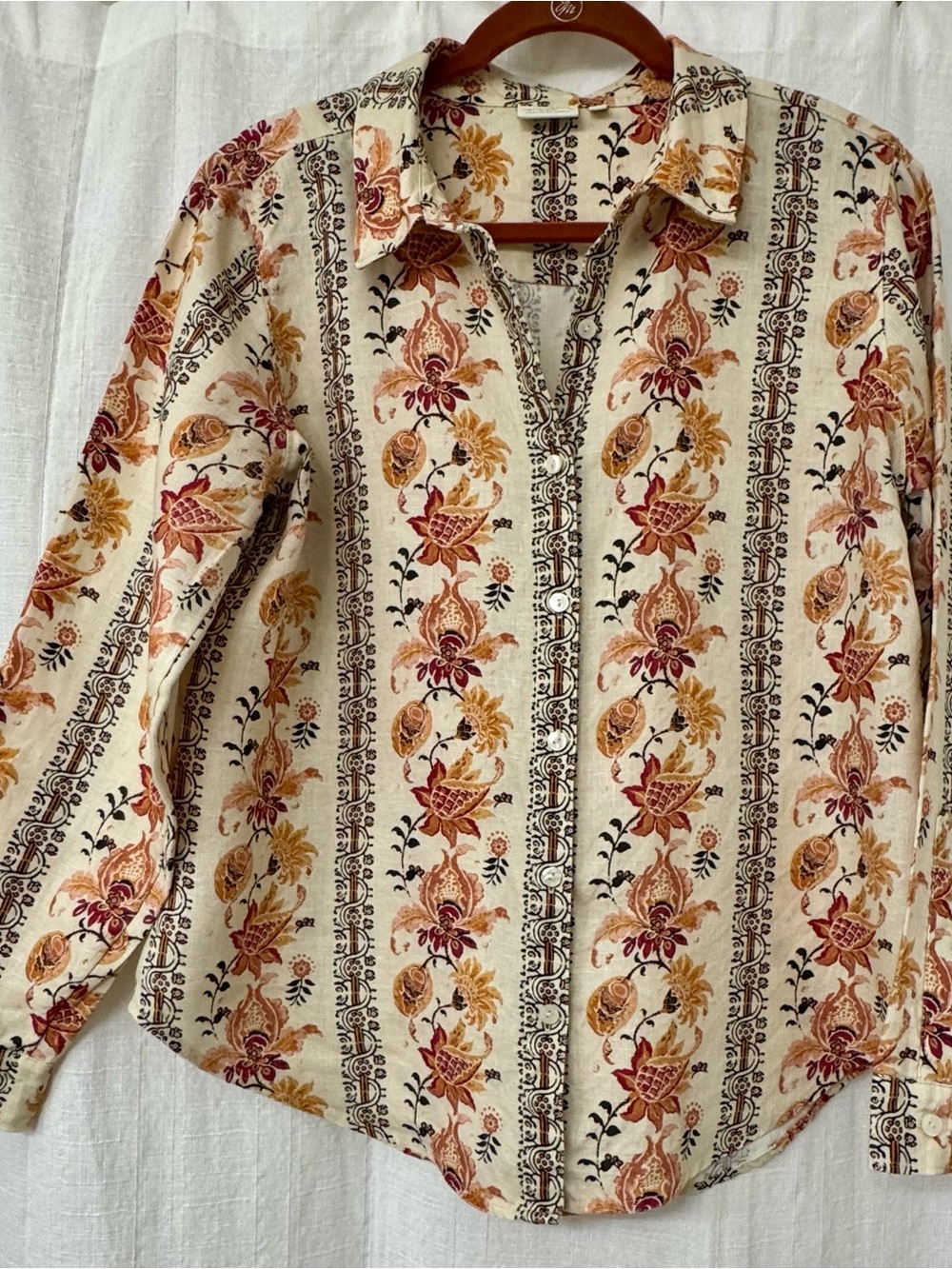 Floral Button-Up Shirt in Cream, Rust & Gold.  100% Linen.